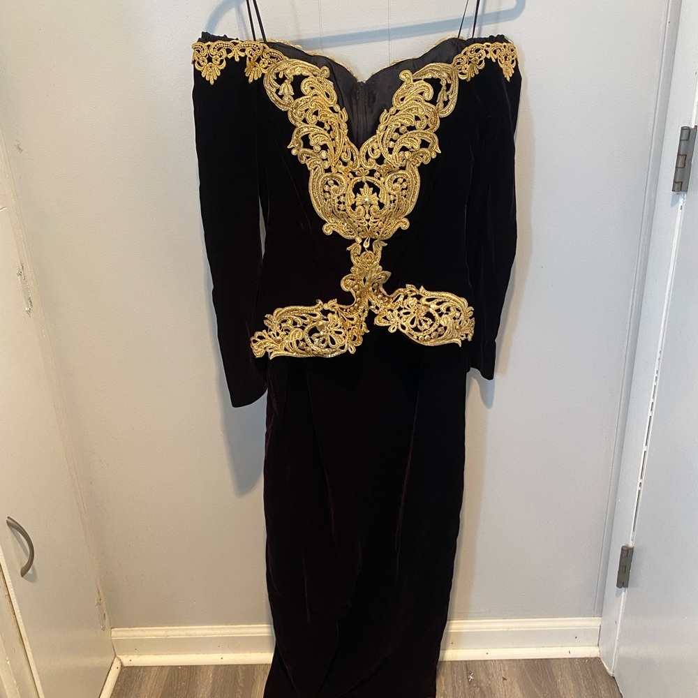 Jessica McClintock Black Velvet Dress with Gold Accents